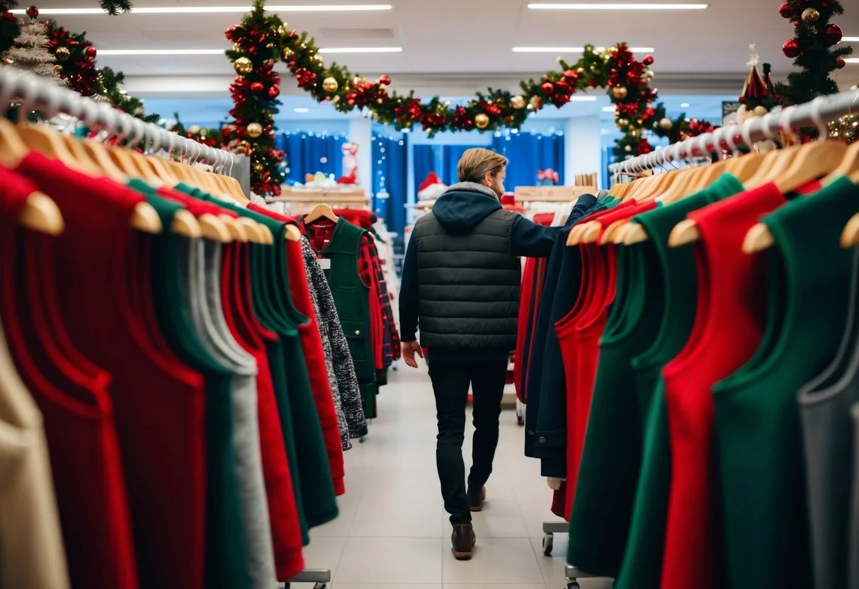 A person der kigger gennem stativer med røde og grønne veste i en svensk tøjbutik omgivet af festlige dekorationer